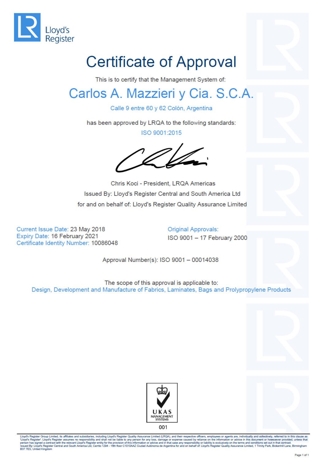 Certificate of Approval ISO 9001 : 2015 – mazzieritextilcom
